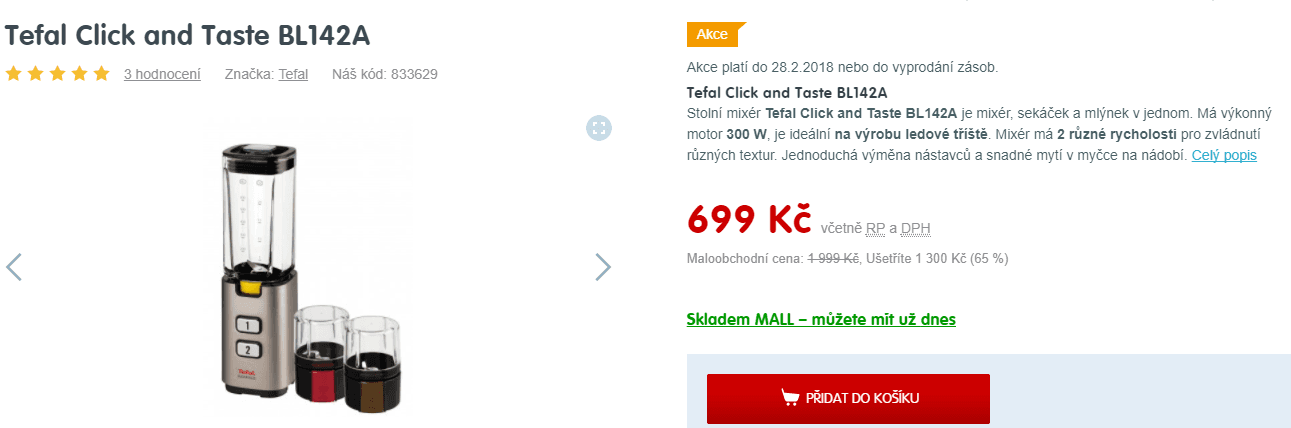 Mixér Tefal, drcení ledu, sklo