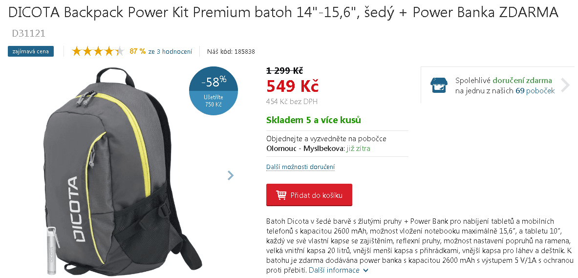 Batoh Dicota 15,6" + powerbanka 2600 mAh