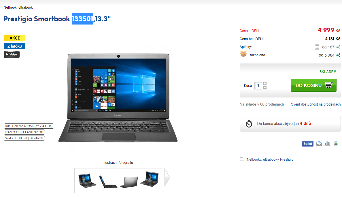 Smartbook Prestigio, 2,4GHz, 3GB RAM, 13,3"
