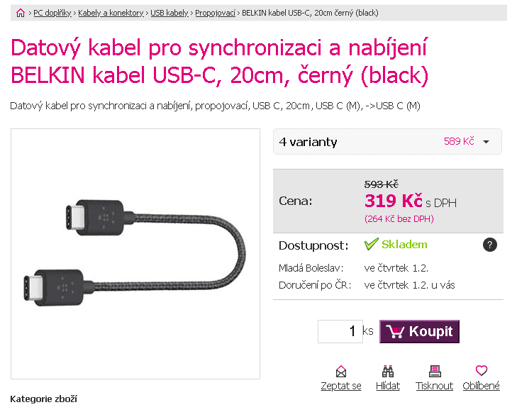 Kabel USB-C do USB-C Belkin, 20 cm