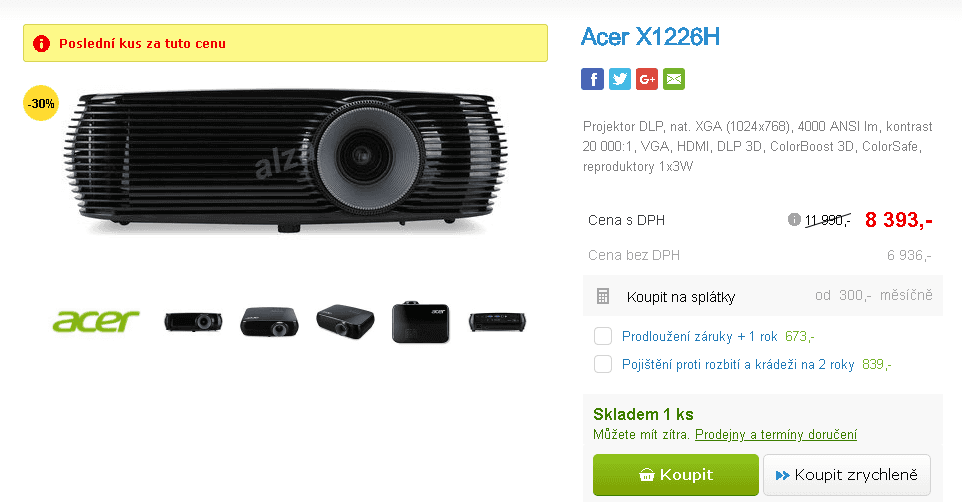 Projektor Acer X1226H - 1 ks