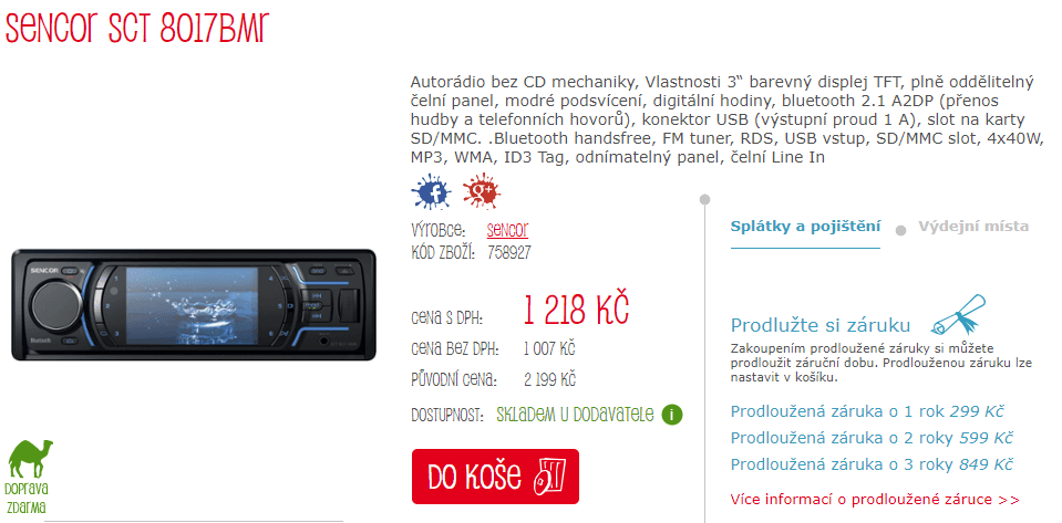Autorádio Sencor, BT, USB, podsvícené