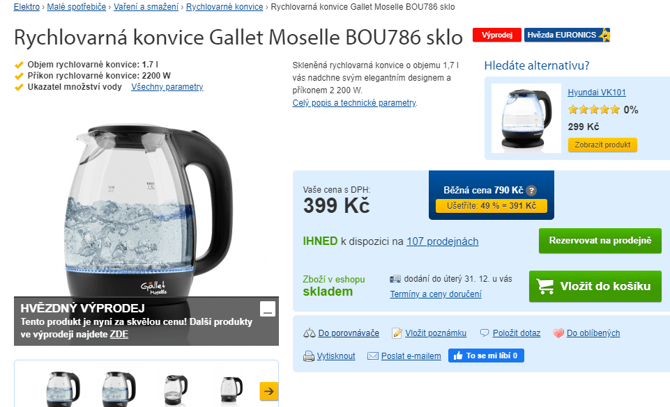 Rychlovarná konvice Gallet 1,7 litru