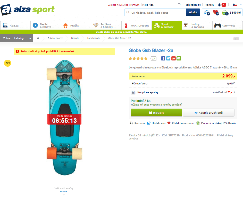 Longboard s integrovaným BT reproduktorem