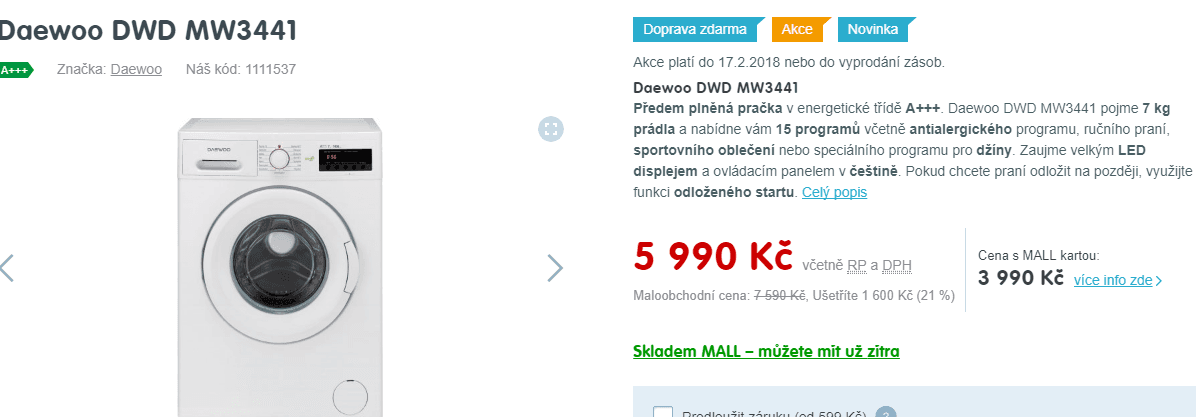 Pračka Daewoo, 7kg, 1400 ot., A+++