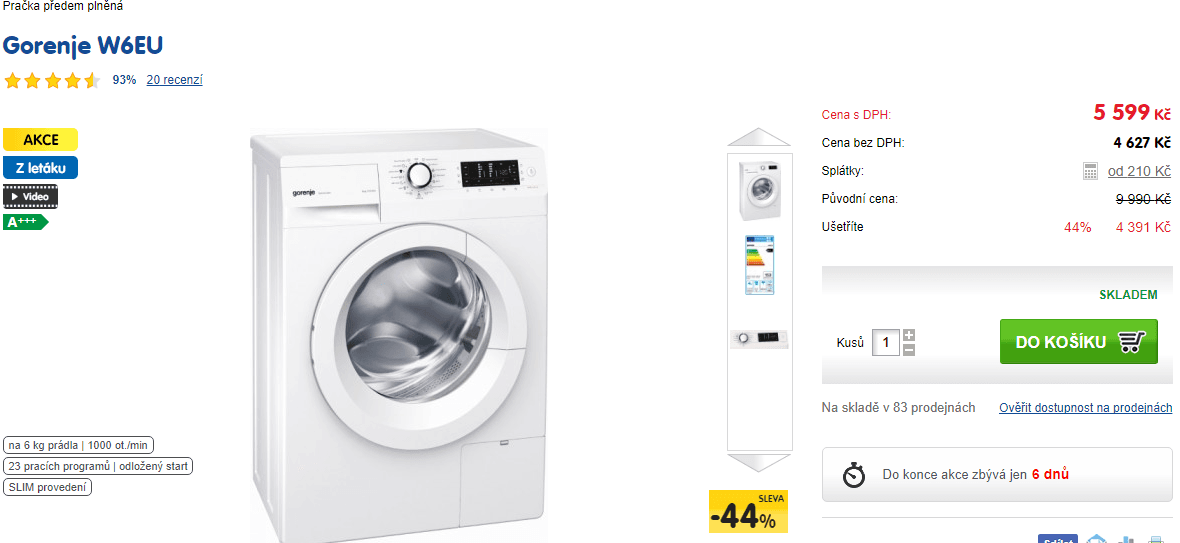 Pračka Gorenje, 6kg, 1000ot., 44cm, A+++