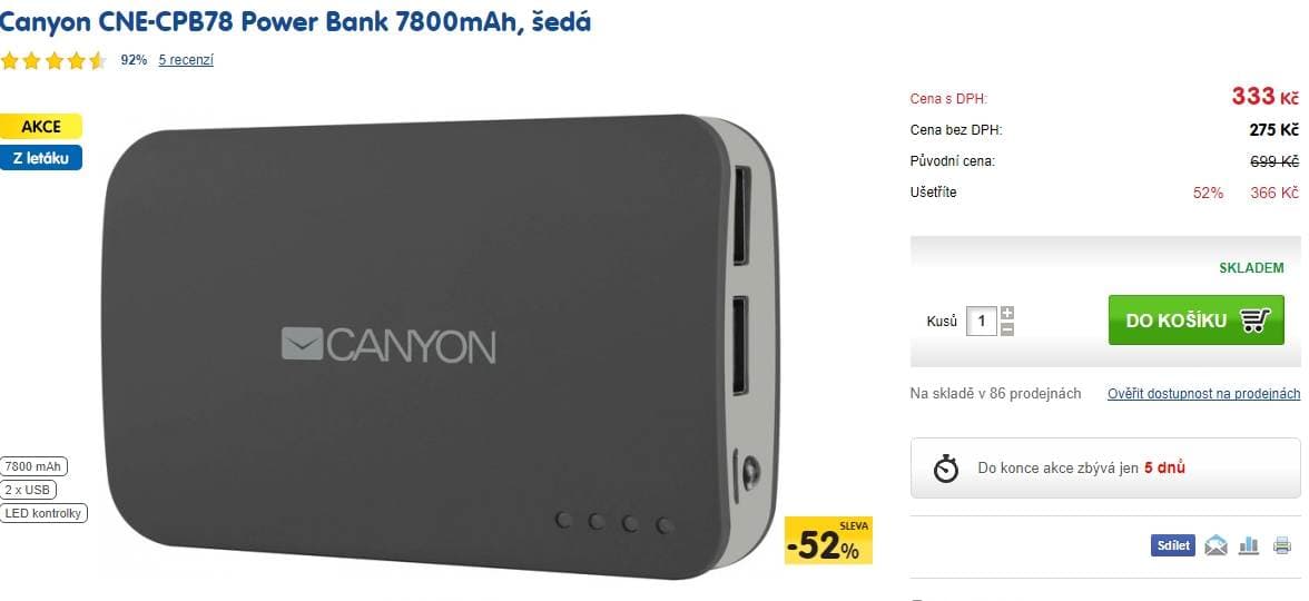 Powerbanka Canyon, 7800 mAh, 2x USB
