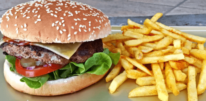 Burger dle výběru a hranolky