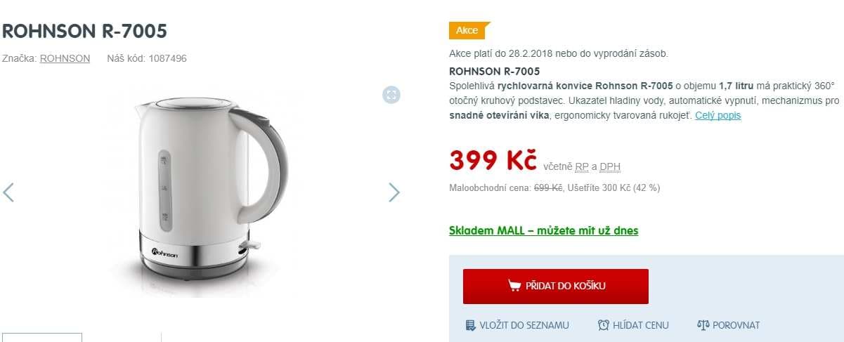 Rychlovarná konvice Rohnson, 1,7 litru