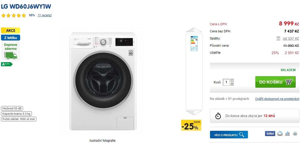 LG, 6,5kg, 1000 ot., pára, A+++, 45cm