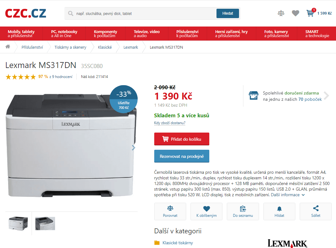 Laser, ČB tiskárna Lexmark, Wifi