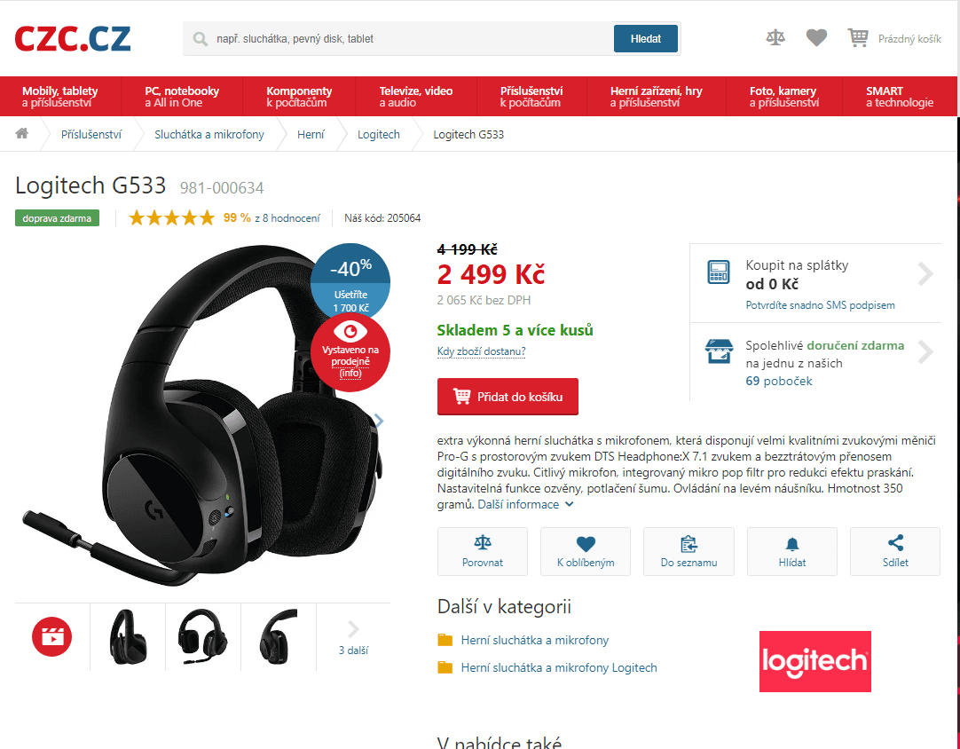 Herní sluchátka bezdrátová Logitech G533