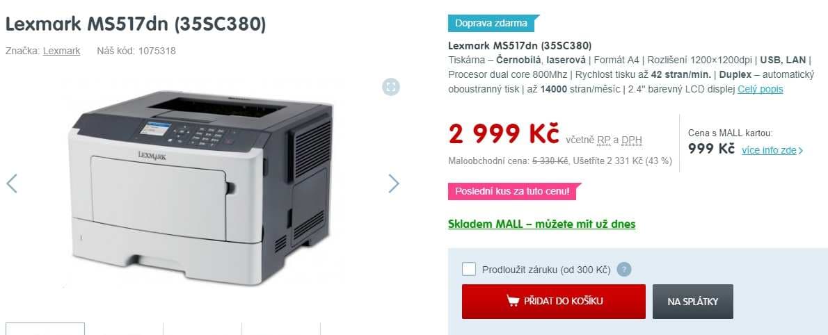 Laser, ČB tiskárna Lexmark MS 517dn