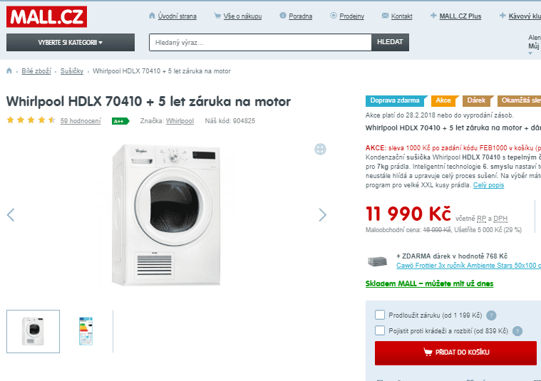 Kondenzační sušička Whirlpool,  A++, 7kg