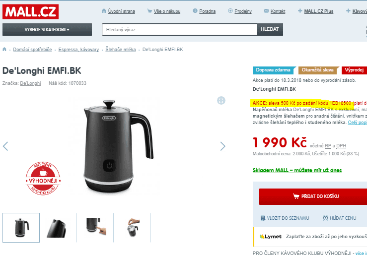 Napěňovač mléka De'Longhi EMFI.BK