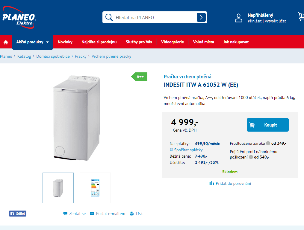 Pračka Indesit, 6kg, A++, 1000 ot.