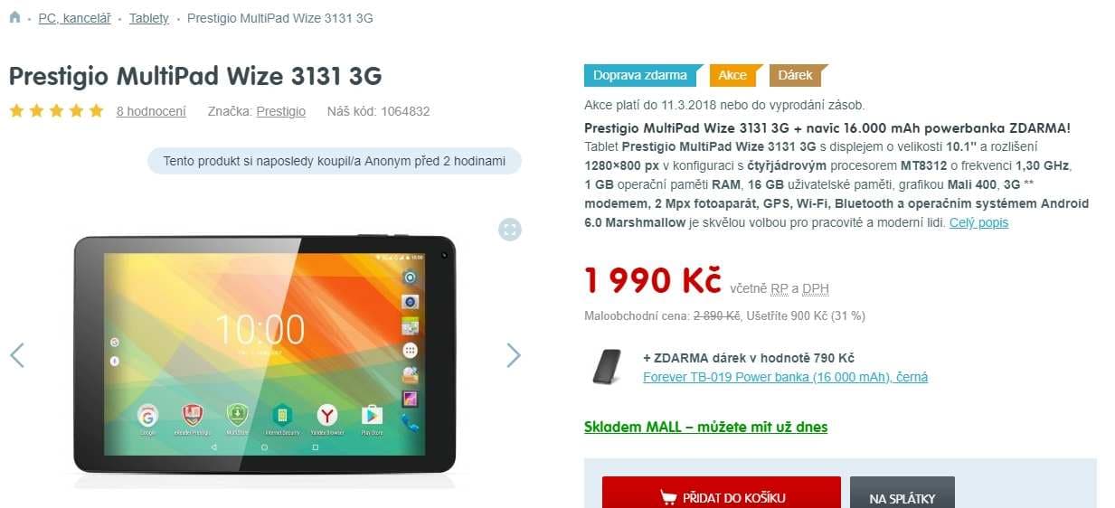 Tablet Prestigio, 4x 1,3GHz, 1GB RAM, 10,1"