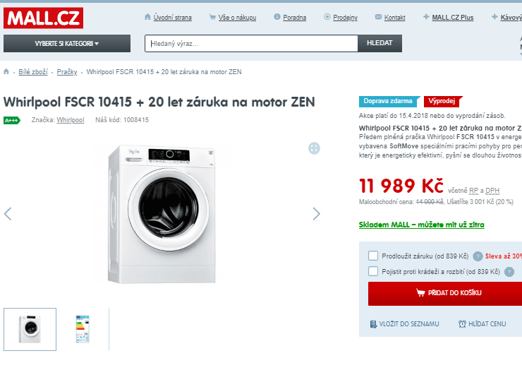 Pračka Whirlpool, A+++, 10 kg, 1400 ot.