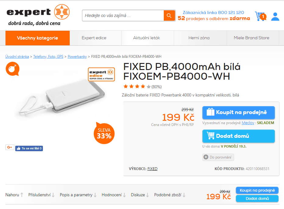 Powerbanka Fixed, 4000 mAh, extra malá