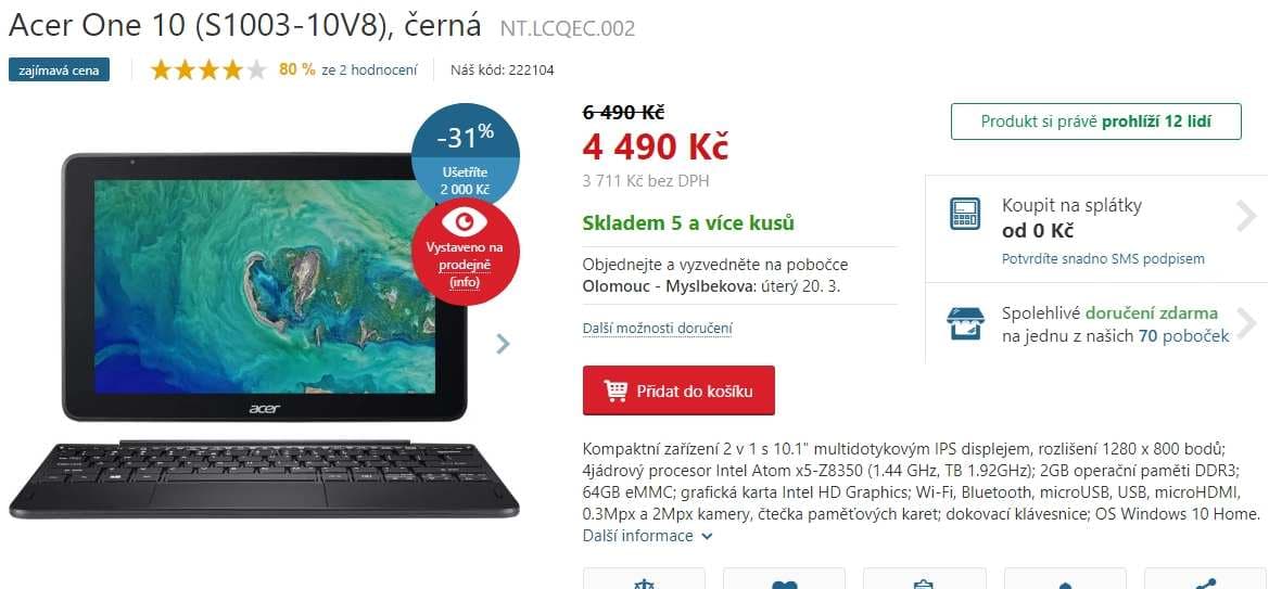 2v1 Acer, 1,92GHz, 2GB RAM, 10,1"