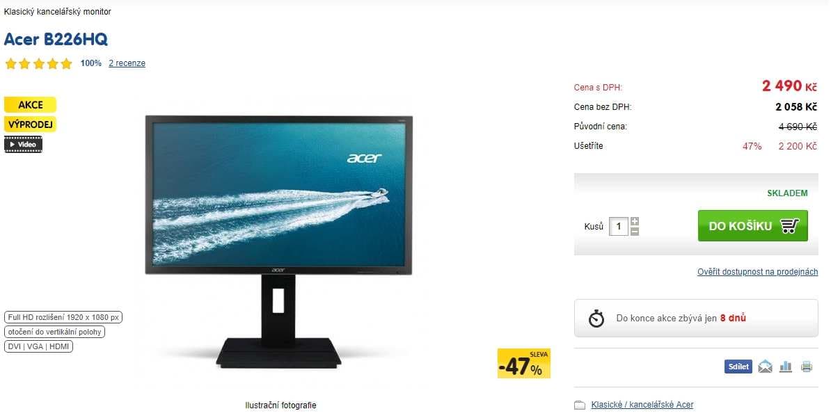 PC monitor Acer, 22", LCD, full HD, repro