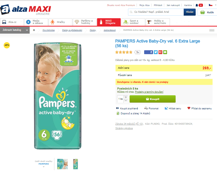 Plenky Pampers 6 (15+ kg), 56 ks