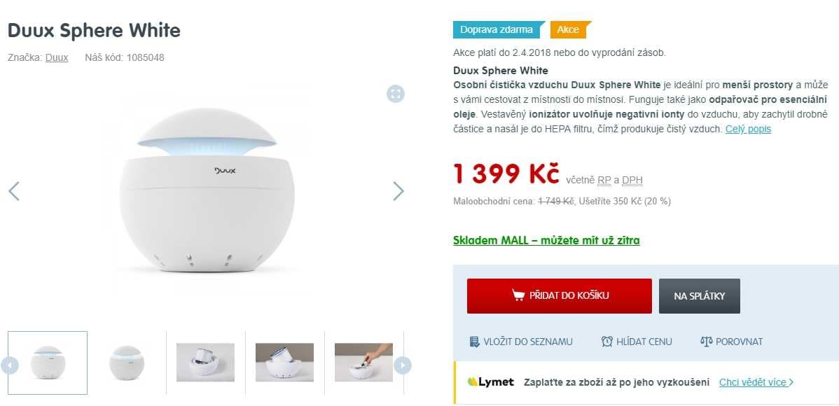Zvlhčovač, ionizátor, čistička Duux Sphere White