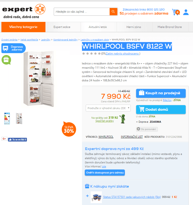 Komb. chladnička Whirlpool, A++, LED