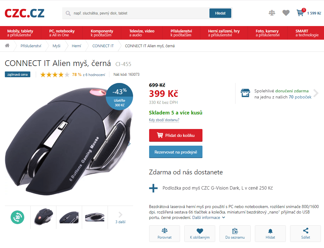 Bezdrátová laserová herní myš Connect 