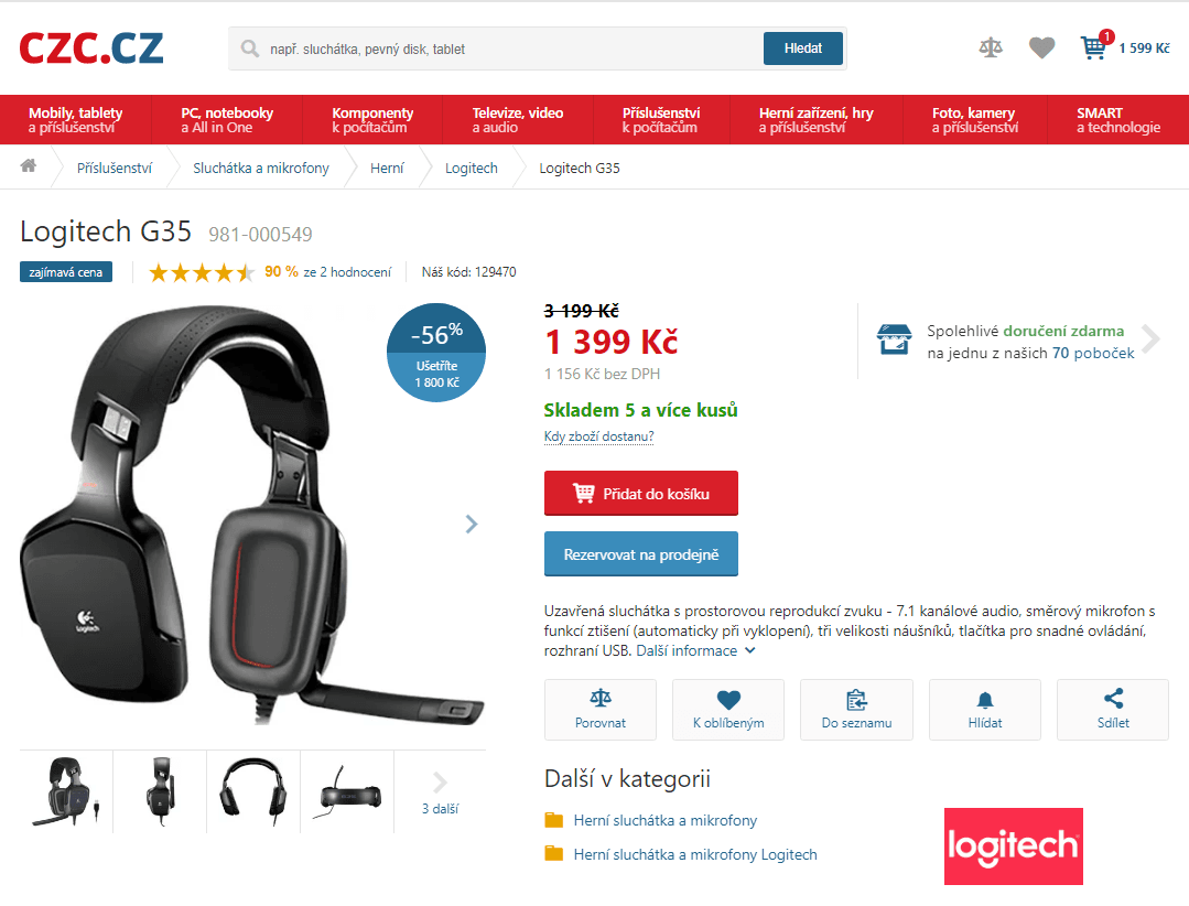 Herní sluchátka Logitech G35, prostorový zvuk