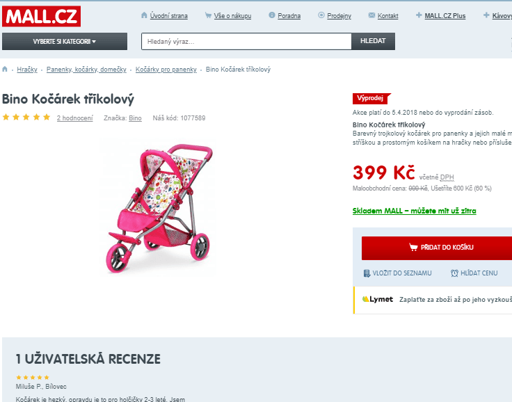 Kočárek pro panenky tříkolový Bino