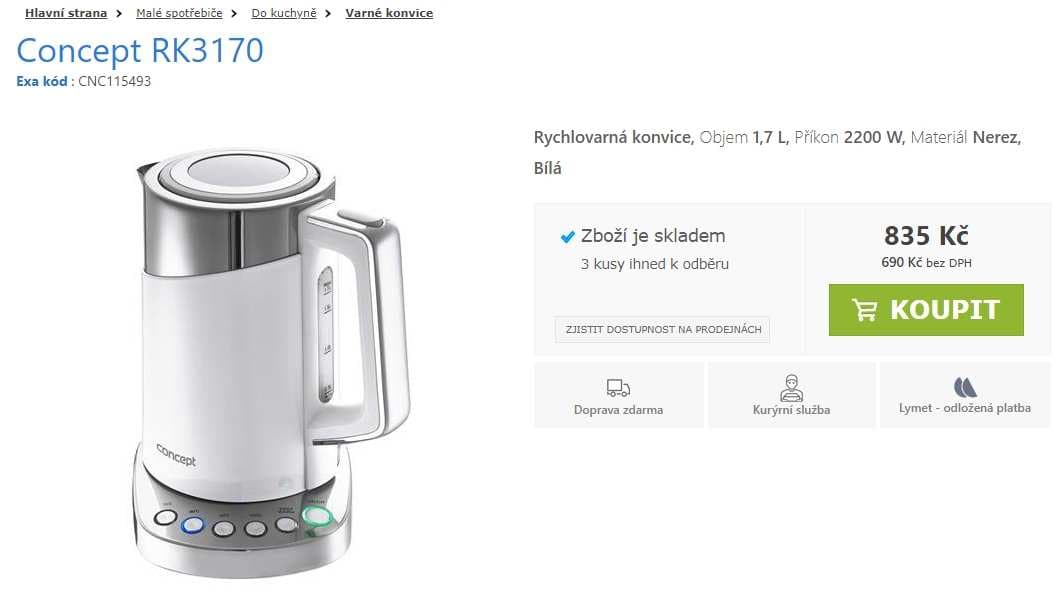 Rychlovarná konvice Concept 1,7 litru, teploty