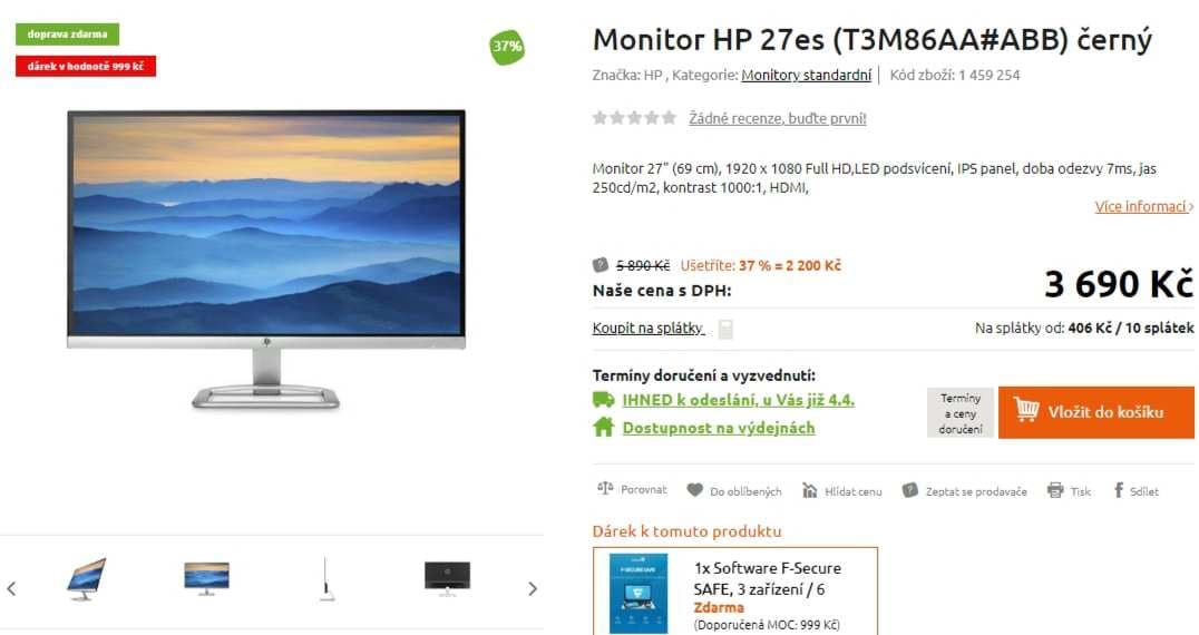 Full HD PC monitor HP, 27", full HD