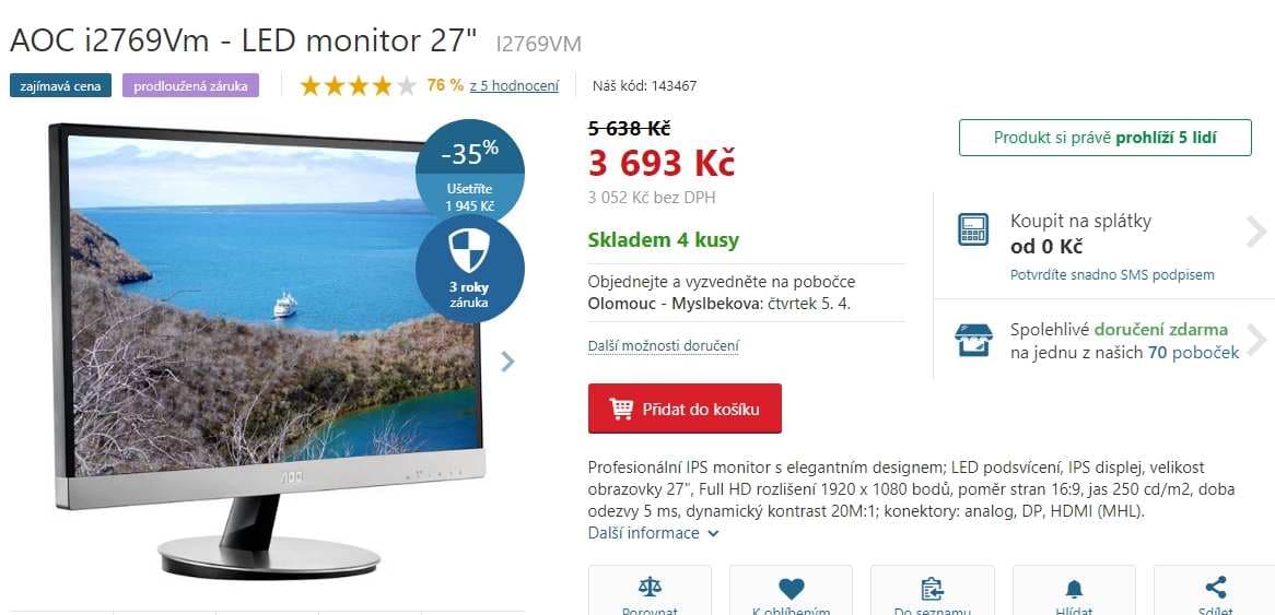 PC monitor AOC, 27", full HD, repro