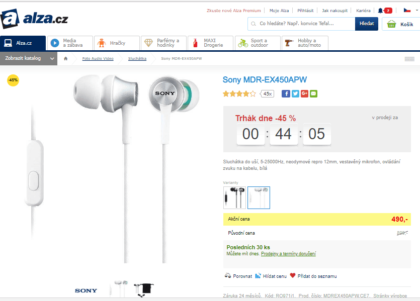 Sluchátka Sony MDR-EX450APW s mikrofonem