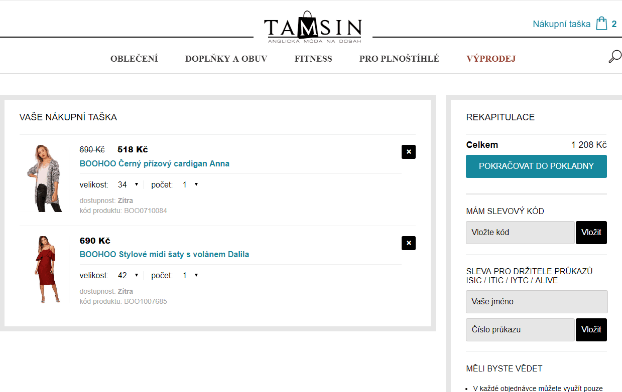 Tamsin.cz - sleva 25% na druhou položku