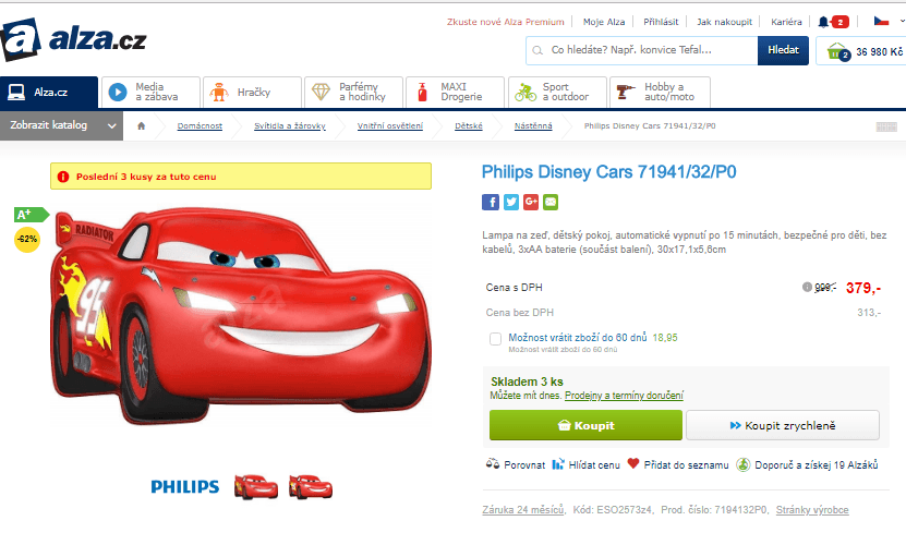 Lampa na zeď dětská Philips Disney Cars