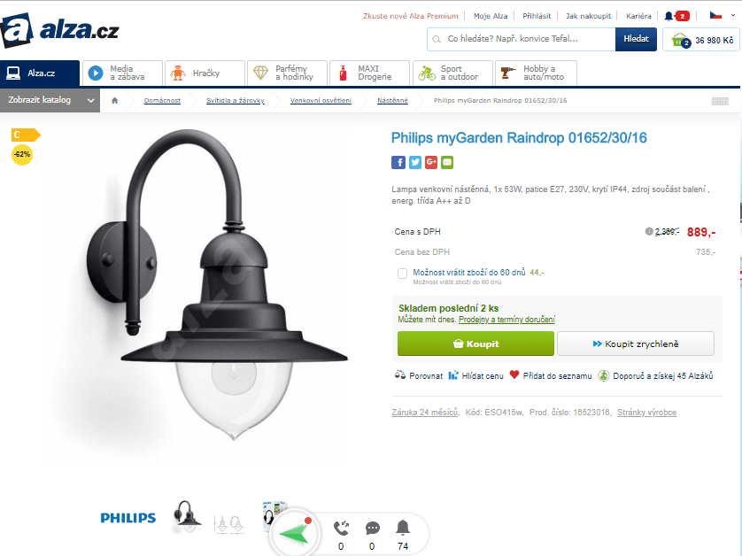 Venkovní nástěnná lampa Philips Raindrop