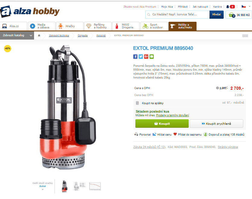 Čerpadlo ponorné Extol Premium, 750W