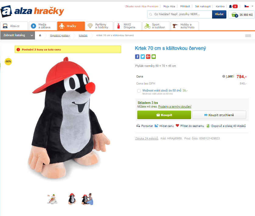 Krtek 70 cm s kšiltovkou