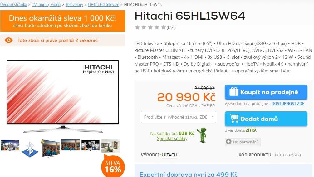 Ultra HD TV, HDR, Smart, 165cm, Hitachi