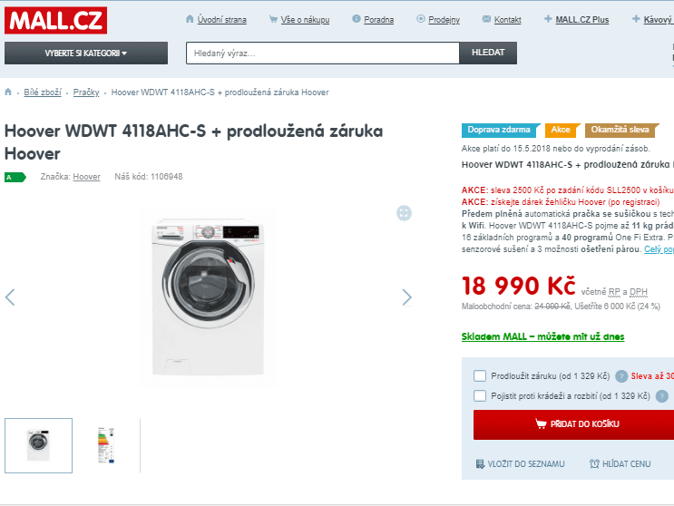 Pračka se sušičkou Hoover, 11/8kg, A, 1400ot.