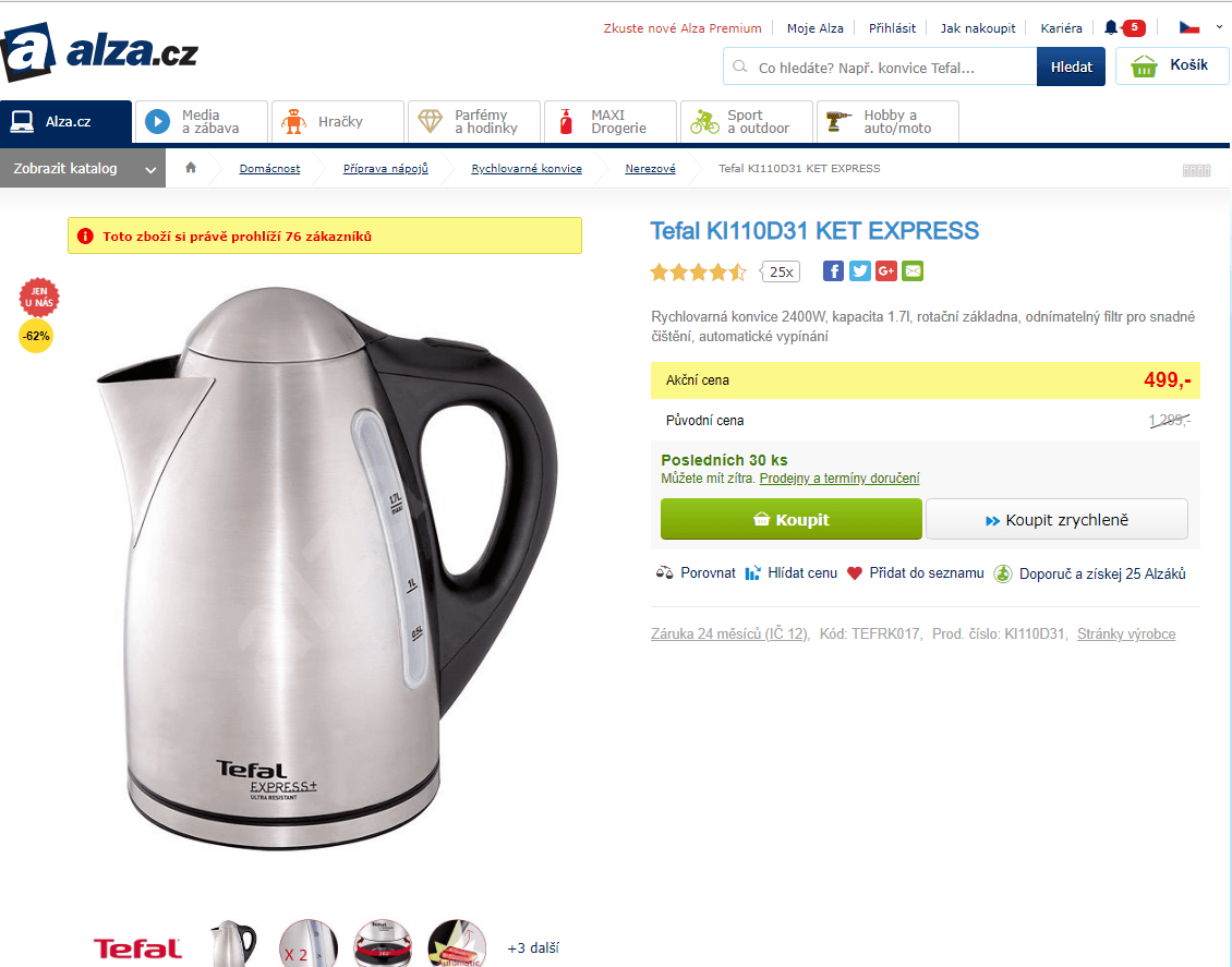 Rychlovarná konvice Tefal nerez, 1,7 l