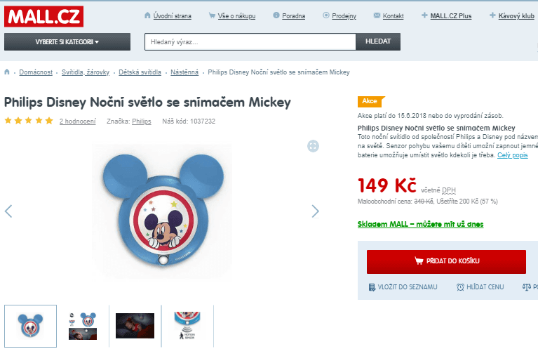 Noční světlo Philips Disney se snímačem