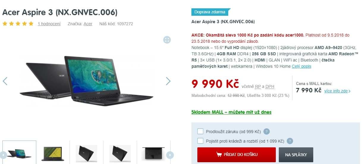 Acer, až 3,6 GHz, 4GB RAM, 15,6", SSD