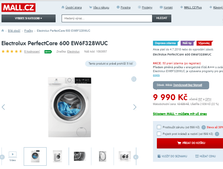 Pračka Electrolux,  A+++, 8kg, 1200 ot/min