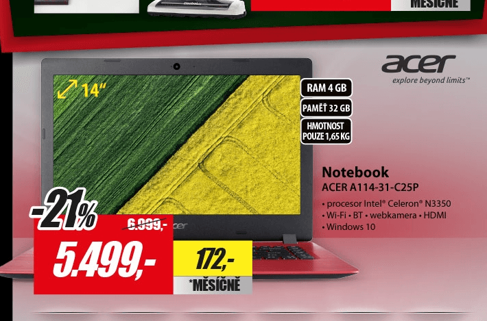Acer, až 2,4 GHz, 4 GB RAM, 14"
