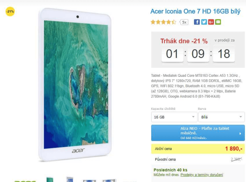 Tablet Acer, 4x 1,3GHz, 1GB RAM, 7"