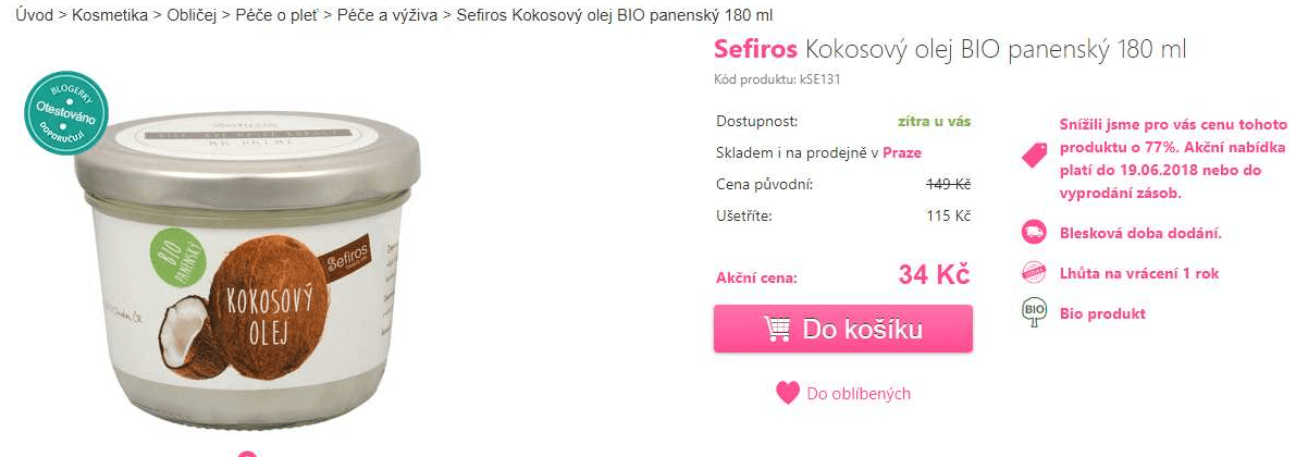 Bio kokosový olej, panenský Sefiros 180ml