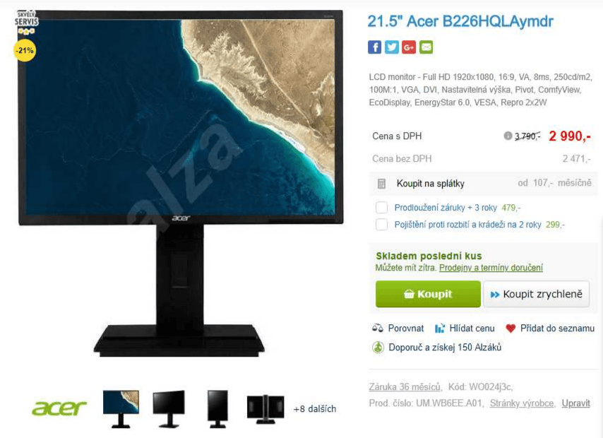 PC monitor Acer, 22", LCD, full HD, repro